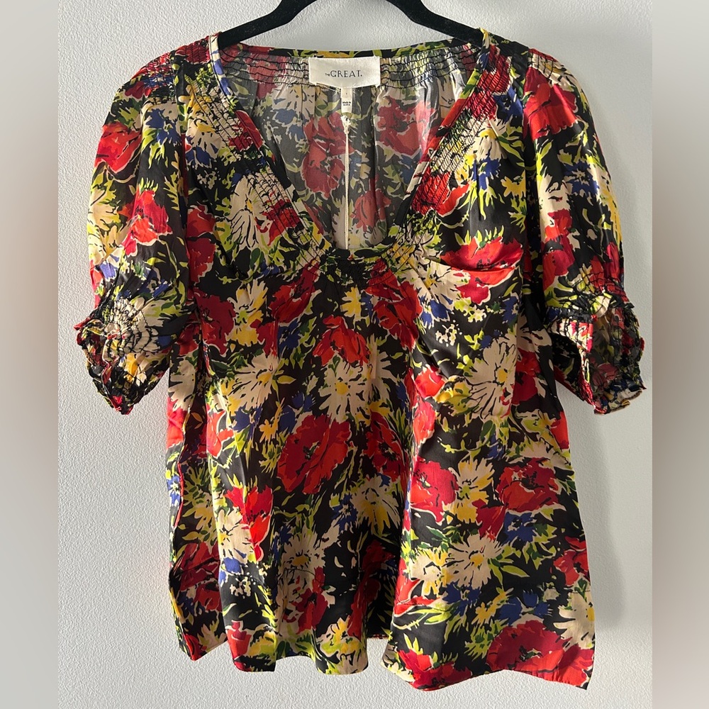 THE GREAT. Floral V-Neck Blouse in Black, Red, Cream, Yellow